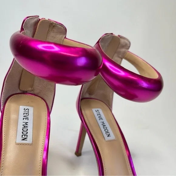 STEVE MADDEN Partay Pink Metallic Bubble Strap Square Toe Stiletto Sandals Heels - Picture 6 of 15